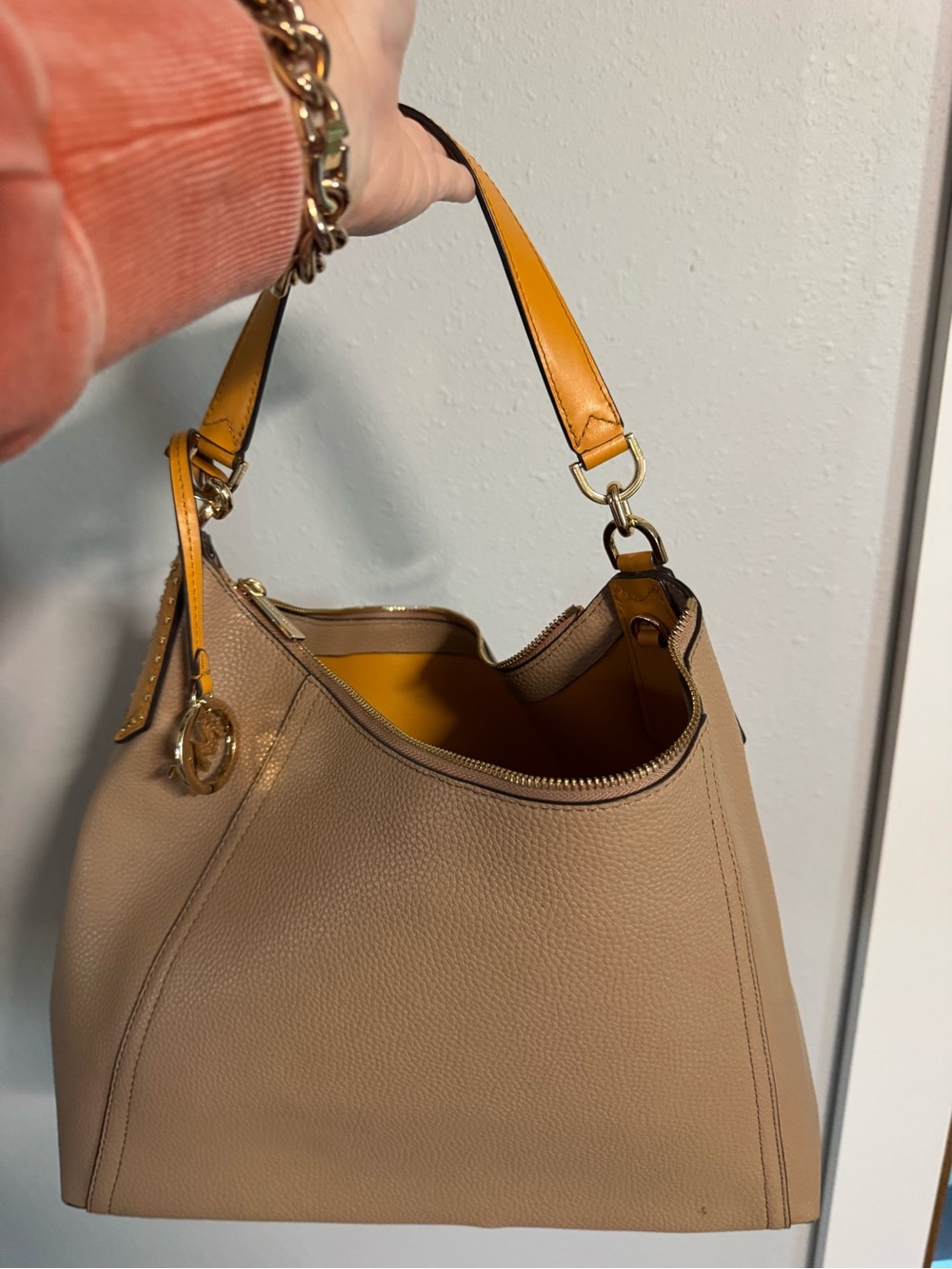Michael Kors Beige Shoulder Hobo with Yellow Trim